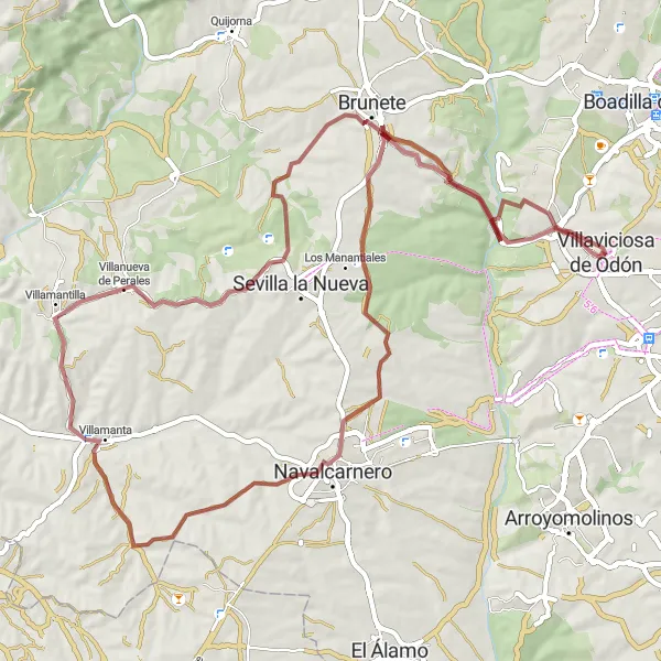 Miniatura mapy "Pętla gravelowa przez Castillo de Villaviciosa de Odón" - trasy rowerowej w Comunidad de Madrid, Spain. Wygenerowane przez planer tras rowerowych Tarmacs.app