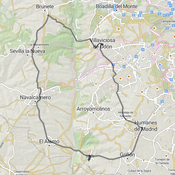 Miniatua del mapa de inspiración ciclista "Ruta en bicicleta de carretera por los alrededores de Villaviciosa de Odón" en Comunidad de Madrid, Spain. Generado por Tarmacs.app planificador de rutas ciclistas