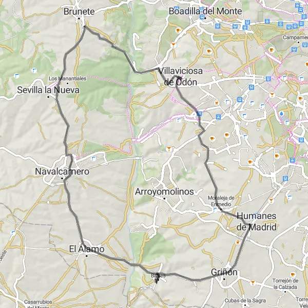 Map miniature of "Castles and Villages Road Cycling Tour" cycling inspiration in Comunidad de Madrid, Spain. Generated by Tarmacs.app cycling route planner