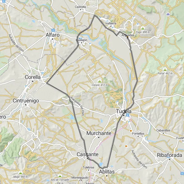 Miniatura mapy "Trasa rowerowa dookólna z Arguedas" - trasy rowerowej w Comunidad Foral de Navarra, Spain. Wygenerowane przez planer tras rowerowych Tarmacs.app