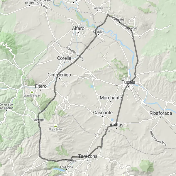 Karten-Miniaturansicht der Radinspiration "Straßenrunde von Arguedas nach Valtierra" in Comunidad Foral de Navarra, Spain. Erstellt vom Tarmacs.app-Routenplaner für Radtouren