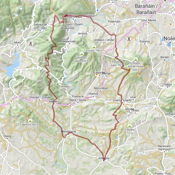 Miniaturní mapa "Gravelový okruh okolo Artajony" inspirace pro cyklisty v oblasti Comunidad Foral de Navarra, Spain. Vytvořeno pomocí plánovače tras Tarmacs.app