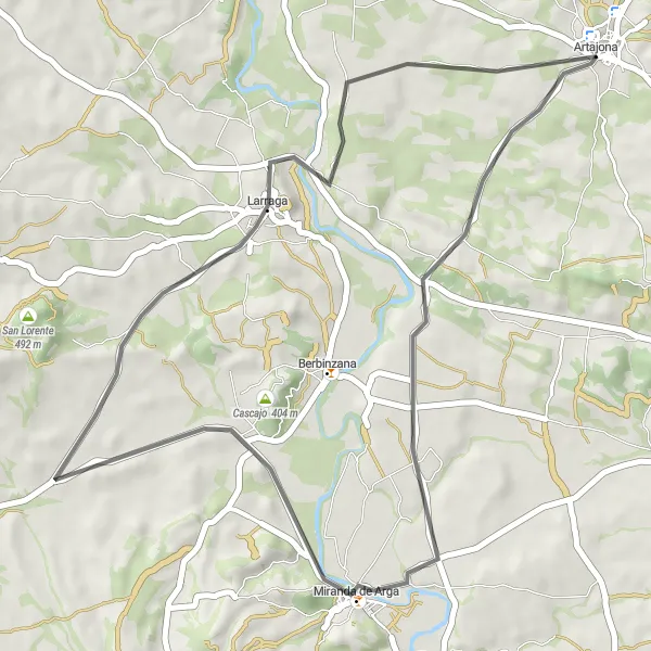 Miniatua del mapa de inspiración ciclista "Ruta de Larraga y Miranda de Arga" en Comunidad Foral de Navarra, Spain. Generado por Tarmacs.app planificador de rutas ciclistas