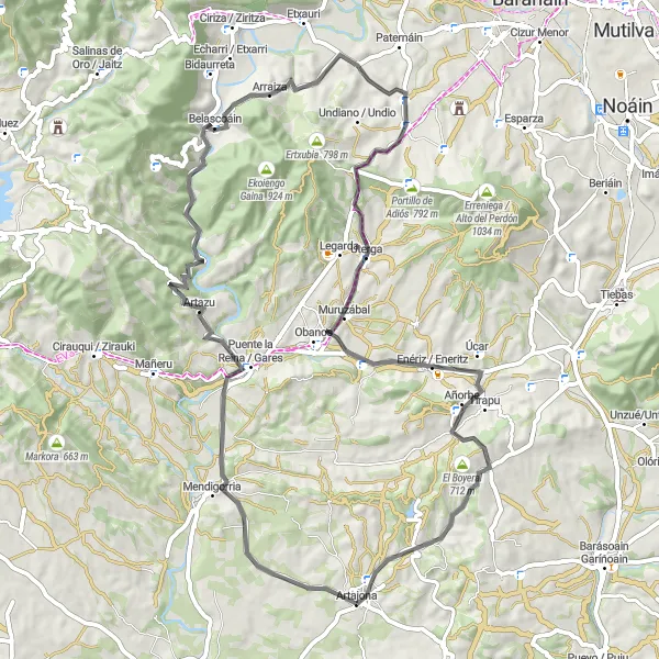 Miniatura della mappa di ispirazione al ciclismo "Rotta ciclistica da Puente Románico ad Artajona" nella regione di Comunidad Foral de Navarra, Spain. Generata da Tarmacs.app, pianificatore di rotte ciclistiche