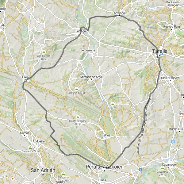 Miniatura della mappa di ispirazione al ciclismo "Giro in bicicletta da Artajona a Lerín" nella regione di Comunidad Foral de Navarra, Spain. Generata da Tarmacs.app, pianificatore di rotte ciclistiche