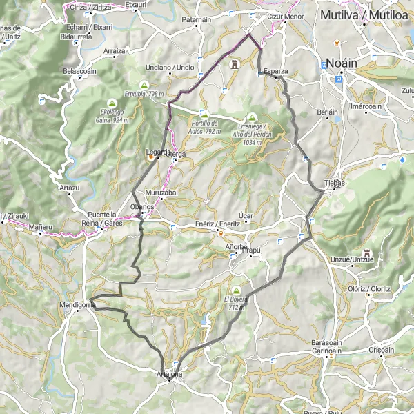 Miniatura della mappa di ispirazione al ciclismo "Tour in bicicletta tra El Mochuelo e Galar" nella regione di Comunidad Foral de Navarra, Spain. Generata da Tarmacs.app, pianificatore di rotte ciclistiche