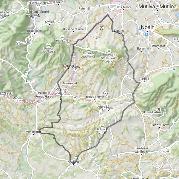 Miniature de la carte de l'inspiration cycliste "Évasion à vélo à travers les villages et les plaines" dans la Comunidad Foral de Navarra, Spain. Générée par le planificateur d'itinéraire cycliste Tarmacs.app