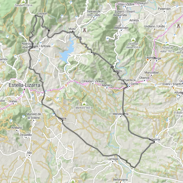 Miniaturní mapa "Trasa kolo po silnici" inspirace pro cyklisty v oblasti Comunidad Foral de Navarra, Spain. Vytvořeno pomocí plánovače tras Tarmacs.app