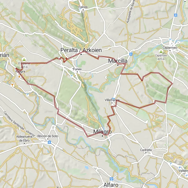 Map miniature of "Azagra to Milagro Gravel Cycling Route" cycling inspiration in Comunidad Foral de Navarra, Spain. Generated by Tarmacs.app cycling route planner