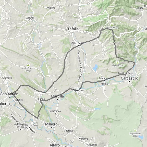 Map miniature of "Azagra to Funes Road Cycling Route" cycling inspiration in Comunidad Foral de Navarra, Spain. Generated by Tarmacs.app cycling route planner