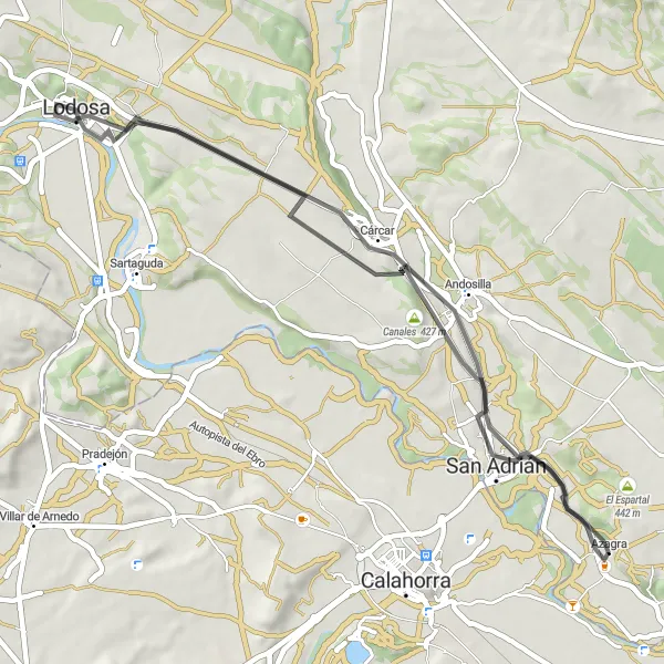 Map miniature of "Azagra and surroundings" cycling inspiration in Comunidad Foral de Navarra, Spain. Generated by Tarmacs.app cycling route planner