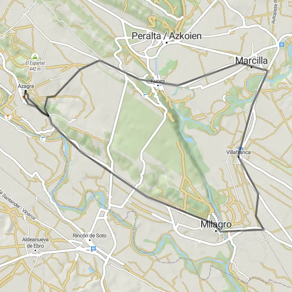 Miniaturní mapa "Okružní cyklistická trasa kolem Azagry - Funes - Villafranca - Milagro" inspirace pro cyklisty v oblasti Comunidad Foral de Navarra, Spain. Vytvořeno pomocí plánovače tras Tarmacs.app