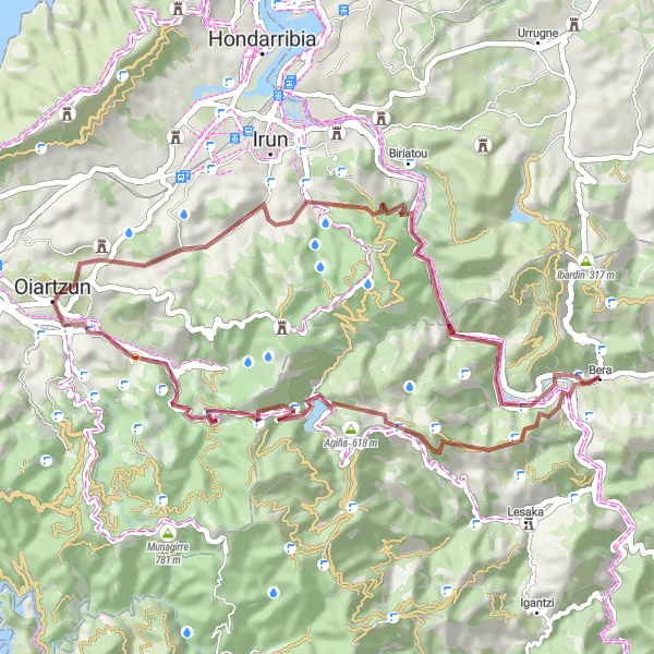 Miniatua del mapa de inspiración ciclista "Ruta ciclista por Kopako Harria, Aritxulegi Borda, Ergoien, Arluze, Meaka, San Martzial, Endarlatsa, Kalbario y Bera" en Comunidad Foral de Navarra, Spain. Generado por Tarmacs.app planificador de rutas ciclistas