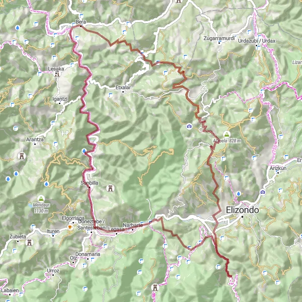 Miniatura della mappa di ispirazione al ciclismo "Giro in bicicletta in Gravel di 80 km a Bera" nella regione di Comunidad Foral de Navarra, Spain. Generata da Tarmacs.app, pianificatore di rotte ciclistiche