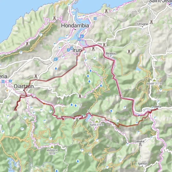 Miniatura della mappa di ispirazione al ciclismo "Itinerario in bicicletta da Bera attraverso Kopako Harria, Aritxulegi Borda, Iturriotz, Arluze, Fuente Ama Xantalen, San Martzial, Endarlatsa fino a Urdaleta" nella regione di Comunidad Foral de Navarra, Spain. Generata da Tarmacs.app, pianificatore di rotte ciclistiche