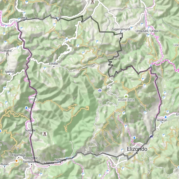 Map miniature of "Bera - Lizuniaga Round-trip (Road)" cycling inspiration in Comunidad Foral de Navarra, Spain. Generated by Tarmacs.app cycling route planner