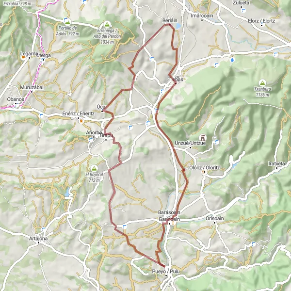 Miniature de la carte de l'inspiration cycliste "Les collines de Beriáin en gravier" dans la Comunidad Foral de Navarra, Spain. Générée par le planificateur d'itinéraire cycliste Tarmacs.app