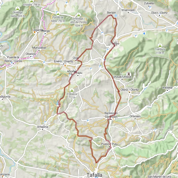 Map miniature of "Beriáin and Surrounding Villages" cycling inspiration in Comunidad Foral de Navarra, Spain. Generated by Tarmacs.app cycling route planner