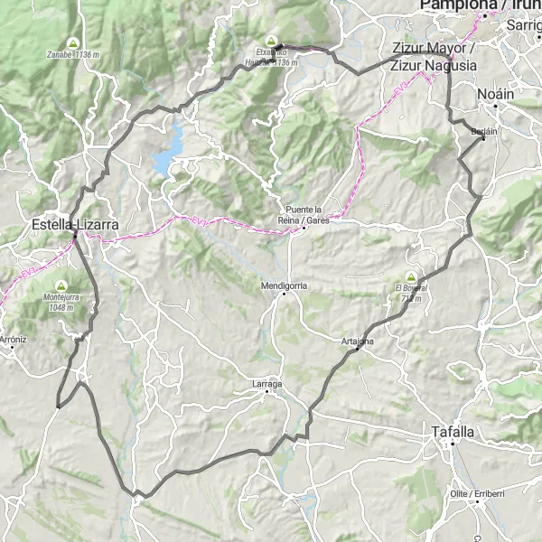 Miniatua del mapa de inspiración ciclista "Beriáin y sus alrededores" en Comunidad Foral de Navarra, Spain. Generado por Tarmacs.app planificador de rutas ciclistas