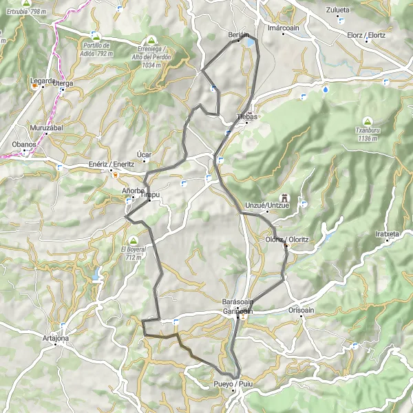 Miniature de la carte de l'inspiration cycliste "Beriáin - LA SARREA" dans la Comunidad Foral de Navarra, Spain. Générée par le planificateur d'itinéraire cycliste Tarmacs.app