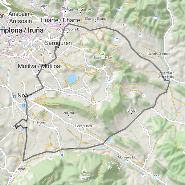 Map miniature of "Around Beriáin: Ultimate Cycling Adventure" cycling inspiration in Comunidad Foral de Navarra, Spain. Generated by Tarmacs.app cycling route planner