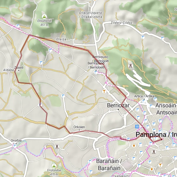 Miniatua del mapa de inspiración ciclista "Ruta de bicicleta de gravilla pintoresca desde Berriozar hasta Pamplona" en Comunidad Foral de Navarra, Spain. Generado por Tarmacs.app planificador de rutas ciclistas