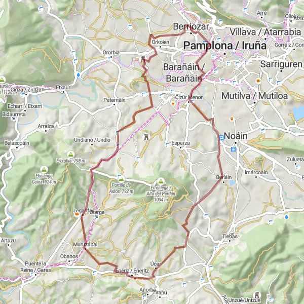 Miniaturní mapa "Gravelová trasa okolo Berriozaru" inspirace pro cyklisty v oblasti Comunidad Foral de Navarra, Spain. Vytvořeno pomocí plánovače tras Tarmacs.app