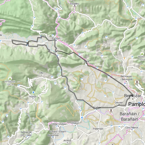 Miniatua del mapa de inspiración ciclista "Ruta de bicicleta de carretera pintoresca desde Berriozar hasta Berrioplano / Berriobeiti" en Comunidad Foral de Navarra, Spain. Generado por Tarmacs.app planificador de rutas ciclistas