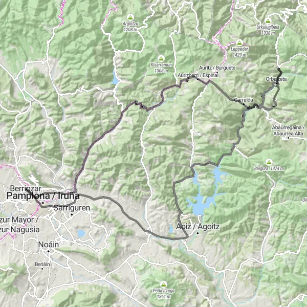 Miniatua del mapa de inspiración ciclista "Ruta en bicicleta de carretera con 2224 metros de ascenso y 134 kilómetros de distancia" en Comunidad Foral de Navarra, Spain. Generado por Tarmacs.app planificador de rutas ciclistas