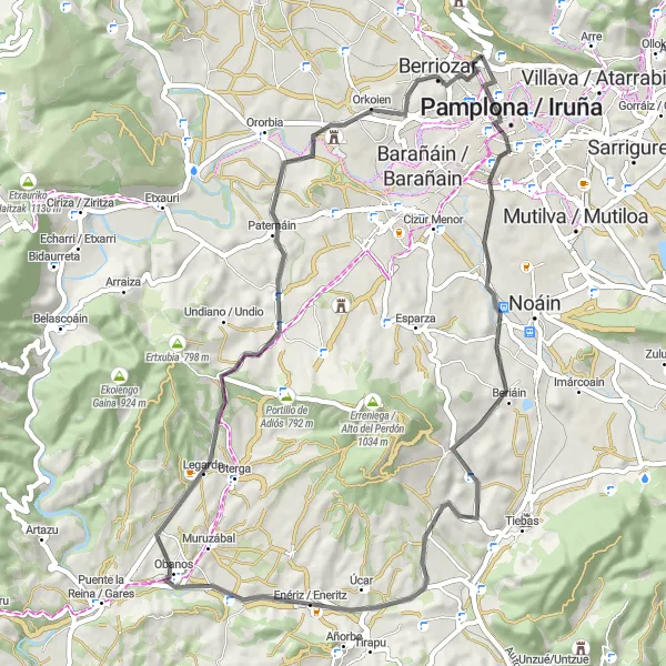 Miniatua del mapa de inspiración ciclista "Ruta en bicicleta de carretera con 895 metros de ascenso y 59 kilómetros de distancia" en Comunidad Foral de Navarra, Spain. Generado por Tarmacs.app planificador de rutas ciclistas