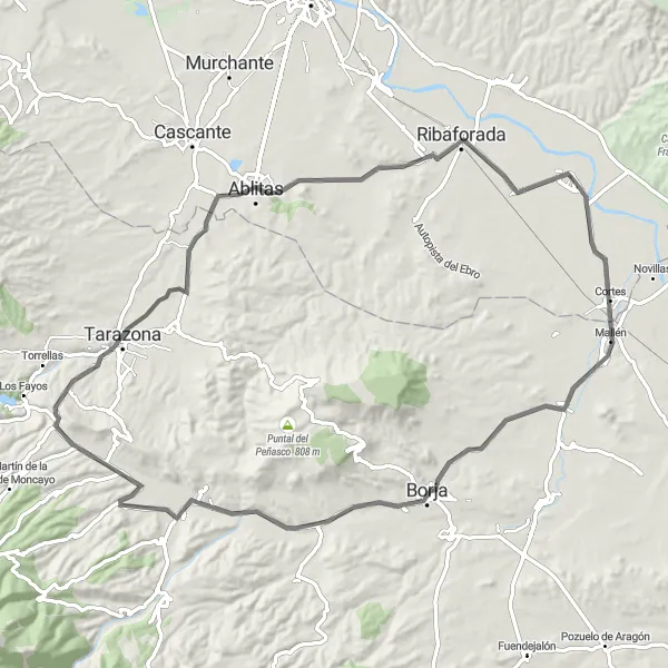 Map miniature of "Buñuel Road Escape" cycling inspiration in Comunidad Foral de Navarra, Spain. Generated by Tarmacs.app cycling route planner