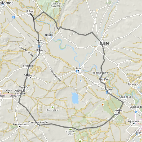 Miniatura della mappa di ispirazione al ciclismo "Corsa veloce tra i villaggi rurali" nella regione di Comunidad Foral de Navarra, Spain. Generata da Tarmacs.app, pianificatore di rotte ciclistiche