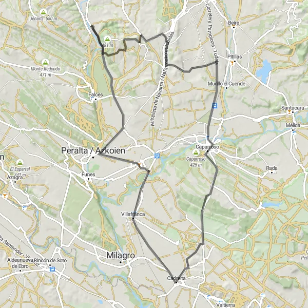 Miniaturní mapa "Okruh oblastí Villafranca, Peralta / Azkoien u Cadreita" inspirace pro cyklisty v oblasti Comunidad Foral de Navarra, Spain. Vytvořeno pomocí plánovače tras Tarmacs.app