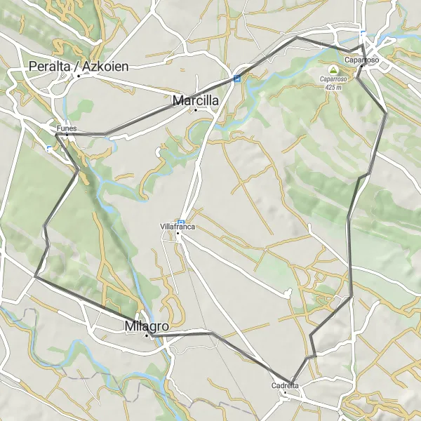 Miniaturní mapa "Okruh Caparroso - Cadreita - Funes - Marcilla" inspirace pro cyklisty v oblasti Comunidad Foral de Navarra, Spain. Vytvořeno pomocí plánovače tras Tarmacs.app