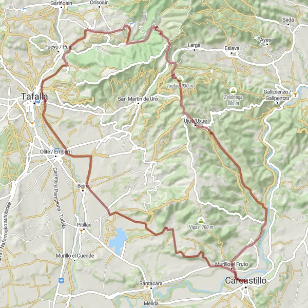 Miniatua del mapa de inspiración ciclista "Ruta de Grava de Carcastillo - Benegorri" en Comunidad Foral de Navarra, Spain. Generado por Tarmacs.app planificador de rutas ciclistas