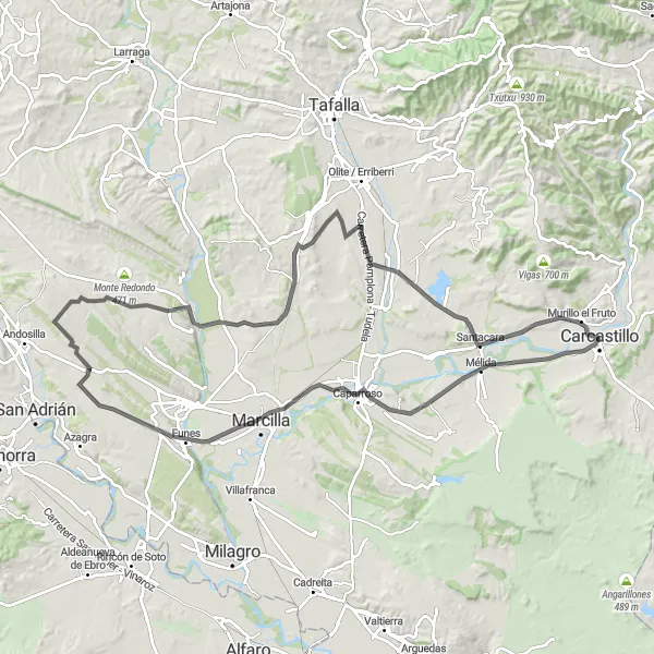 Miniatura della mappa di ispirazione al ciclismo "Scopri Funes e Pitillas in bicicletta su strada" nella regione di Comunidad Foral de Navarra, Spain. Generata da Tarmacs.app, pianificatore di rotte ciclistiche