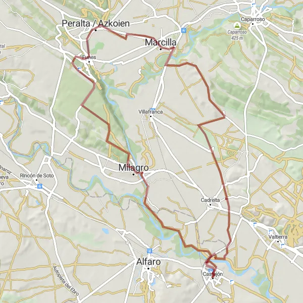 Map miniature of "Gravel Route to Milagro" cycling inspiration in Comunidad Foral de Navarra, Spain. Generated by Tarmacs.app cycling route planner