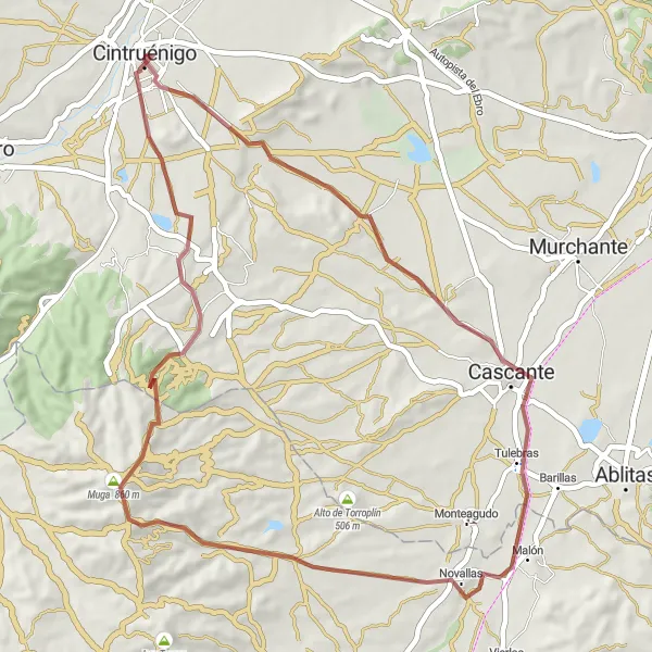 Miniatura della mappa di ispirazione al ciclismo "Scoperta di Cascante e Muga in bicicletta" nella regione di Comunidad Foral de Navarra, Spain. Generata da Tarmacs.app, pianificatore di rotte ciclistiche