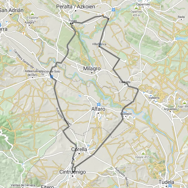 Miniatura della mappa di ispirazione al ciclismo "Cicloescursione tra Cintruénigo e Castejón" nella regione di Comunidad Foral de Navarra, Spain. Generata da Tarmacs.app, pianificatore di rotte ciclistiche