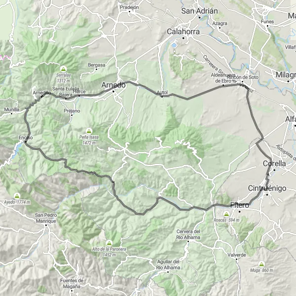 Map miniature of "Rugged Road Adventure in La Rioja Baja" cycling inspiration in Comunidad Foral de Navarra, Spain. Generated by Tarmacs.app cycling route planner