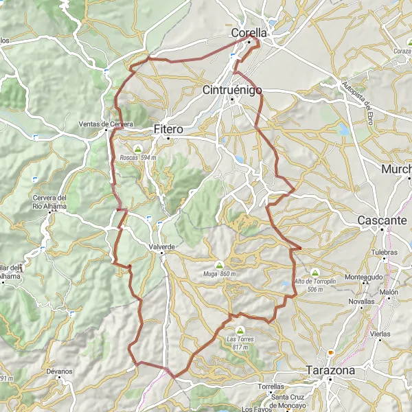 Miniatuurkaart van de fietsinspiratie "Gravelrit van Corella naar Tudejen via Las Torres" in Comunidad Foral de Navarra, Spain. Gemaakt door de Tarmacs.app fietsrouteplanner