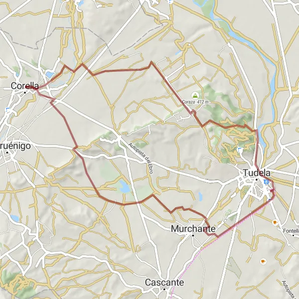 Miniaturní mapa "Gravel Road to Corella via Coraza" inspirace pro cyklisty v oblasti Comunidad Foral de Navarra, Spain. Vytvořeno pomocí plánovače tras Tarmacs.app