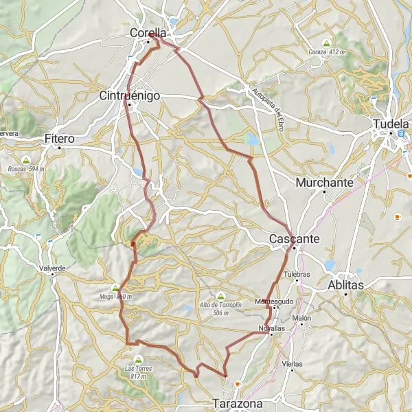 Miniatuurkaart van de fietsinspiratie "Gravelroute van Corella naar Cintruénigo via Monteagudo" in Comunidad Foral de Navarra, Spain. Gemaakt door de Tarmacs.app fietsrouteplanner