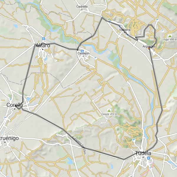 Miniature de la carte de l'inspiration cycliste "Le tour du Balconico de los Moros" dans la Comunidad Foral de Navarra, Spain. Générée par le planificateur d'itinéraire cycliste Tarmacs.app