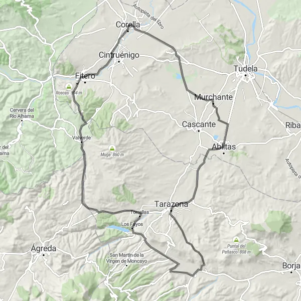 Miniatuurkaart van de fietsinspiratie "Roadtrip van Corella naar Los Fayos via Vera de Moncayo" in Comunidad Foral de Navarra, Spain. Gemaakt door de Tarmacs.app fietsrouteplanner