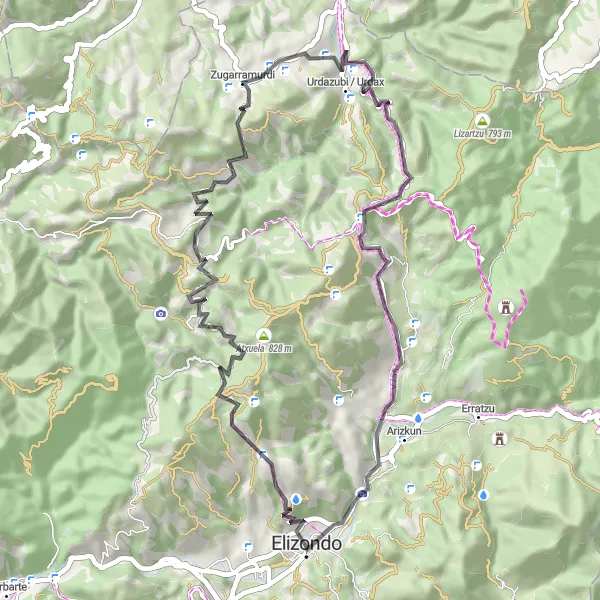 Miniatura della mappa di ispirazione al ciclismo "La sfida dei Pirenei Orientali" nella regione di Comunidad Foral de Navarra, Spain. Generata da Tarmacs.app, pianificatore di rotte ciclistiche