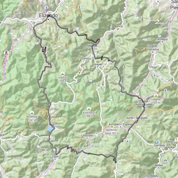 Miniatua del mapa de inspiración ciclista "Ruta en bicicleta de carretera desde Elizondo hasta Aldudes" en Comunidad Foral de Navarra, Spain. Generado por Tarmacs.app planificador de rutas ciclistas