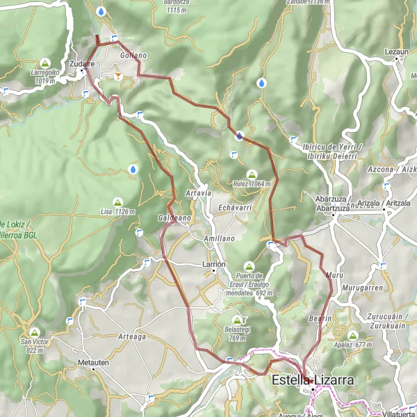 Miniatura della mappa di ispirazione al ciclismo "Avventuroso tour di ciclismo attraverso le colline vicino a Estella-Lizarra" nella regione di Comunidad Foral de Navarra, Spain. Generata da Tarmacs.app, pianificatore di rotte ciclistiche