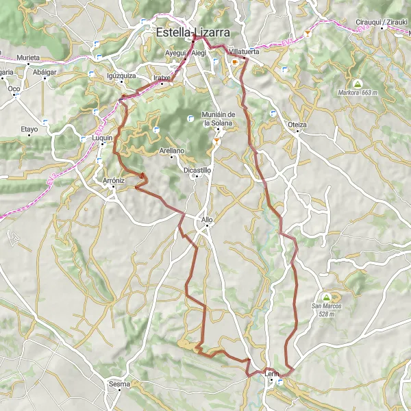 Map miniature of "Estella-Lizarra Gravel Loop" cycling inspiration in Comunidad Foral de Navarra, Spain. Generated by Tarmacs.app cycling route planner