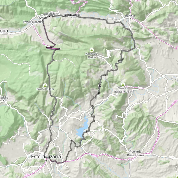 Miniature de la carte de l'inspiration cycliste "Route des Montagnes" dans la Comunidad Foral de Navarra, Spain. Générée par le planificateur d'itinéraire cycliste Tarmacs.app